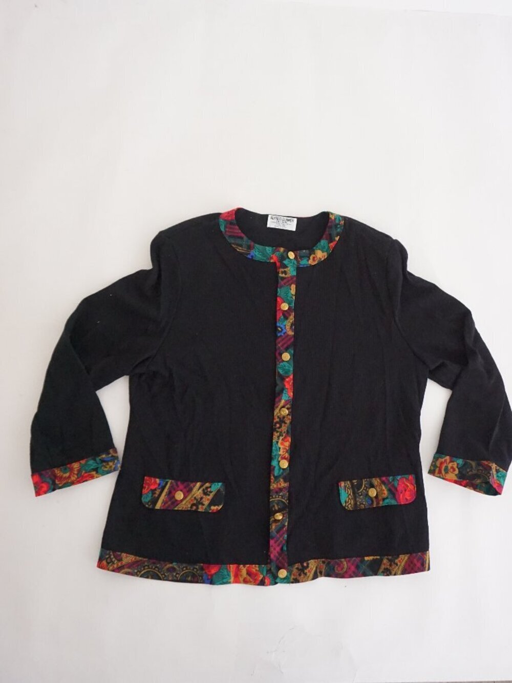 Vintage Alfred Dunner Black Floral Flowers Embroidered Boho Cardigan 18W